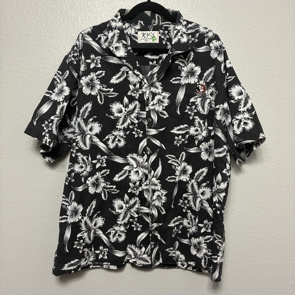 VTG KY'S Made in Hawaii Black White Floral‎ Hawaiian Shirt FSU Embroidery XL/2XL